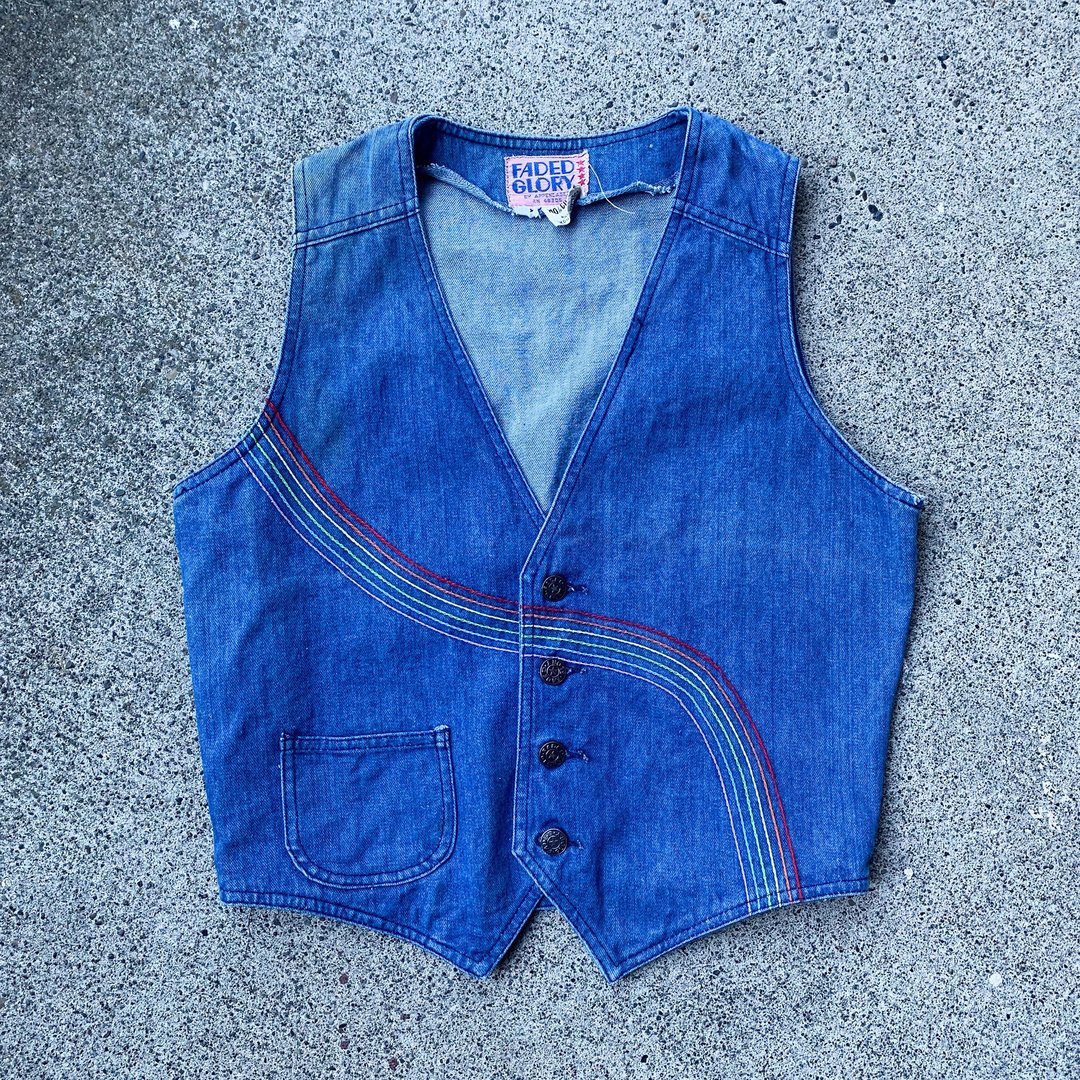 70s Faded Glory rainbow stitched denim vest | Two Dead Gals Vintage ...