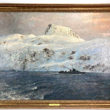 WWII Naval Impressionist Painting British Cruiser Destroyer Norway Coast sgd Burgess 
