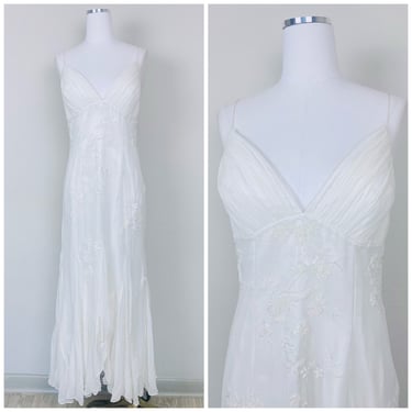1990s Vintage White Scala Silk Beaded Bias Cut Maxi Gown / 90s Floral Beading Plunging Neck Cross Back Wedding Dress / Large 