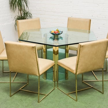 Pace 1970’s Hexagonal Glass Dining Table with Brass Base and Chairs