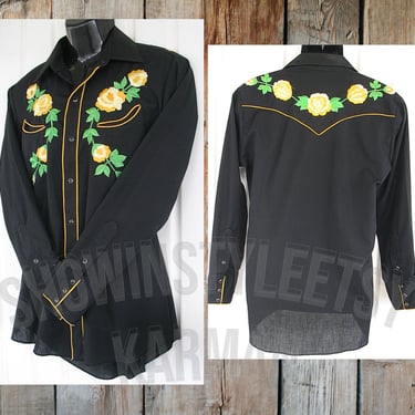 Vintage Western Men's Cowboy and Rodeo Shirt by Karman, Black with Embroidered Yellow Flowers, Size 17, Approx. XXLarge (see meas. photo) 