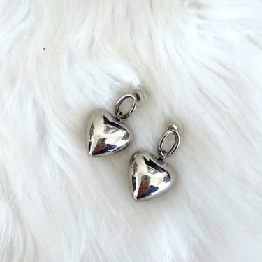 Vintage Faux Silver Large Hanging Heart Earrings 