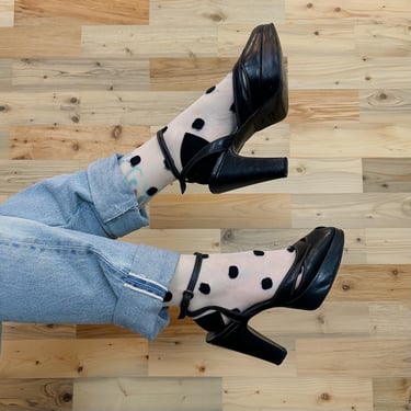 Vintage Designer Miu Miu Black Leather Peep Toe Ankle Strap Heels Shoes / Size 36.5 US Women's 6 