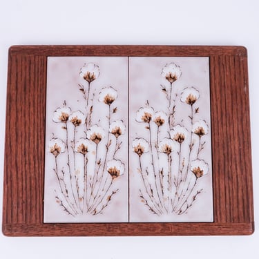 Floral Tile and Oak Wood Tray and Trivet, Large Vintage 2 Tile Tray with Handles 