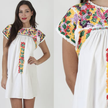 White Hand Embroidered Oaxacan Dress From Mexico / Vintage Cotton Mexican Mini / Womens San Antonio Style Sundress 