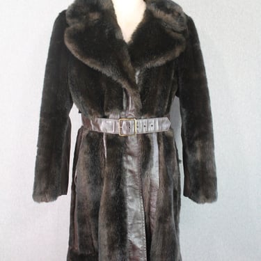 1960s Faux Fur Coat with Leather Trim || Made in England || Leather Trench Coat 