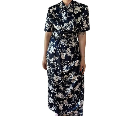 Vintage 1990s Womens Navy Blue Floral Cherry Blossom Japanese Maxi Dress Sz M 