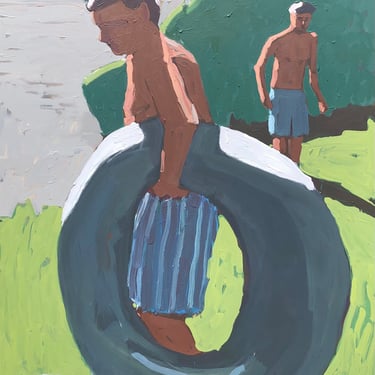 Men Floating River - Original Acrylic Painting on Canvas 36 x 48, water, green, float, summer, michael van, tube, friends, stripes, large 