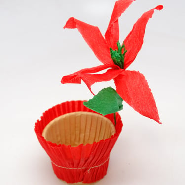 Vintage Poinsettia Christmas Party Favor Basket,  Crepe Paper Candy Container 