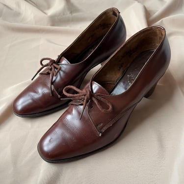 Original 40s Selby Leather Tie Oxford Heeled Footwear Marroon Brown UK 4 