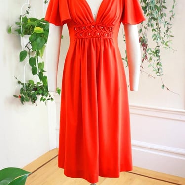 Vintage 1970s Dress | 70s Rhinestone Studded Red Orange Flutter Sleeve Fit and Flare Midi Retro Psychedelic Cocktail Party Dress | small 