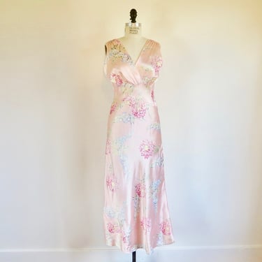 1940's Pastel Pink Floral Rayon Satin Bias Cut Long Maxi Nightgown Dress Pin Up Rockabilly WW2 Era 40's Loungewear 36 Bust Size Small-Medium 