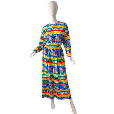 70s Oscar De La Renta Dress / Vintage ODLR Swirl Psychedelic Dress Maxi / Primary Color Caftan Medium 