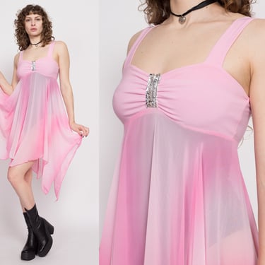 Sm-Med Y2K Sheer Pink Scarf Hem Dress | Tie Dye Sequin Trim 2000s Midi Hanky Party Dress 