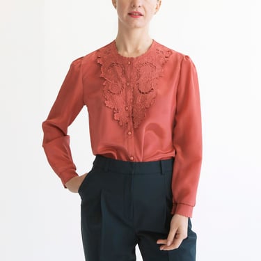 copper rusty orange lace yoke blouse / XS / S 