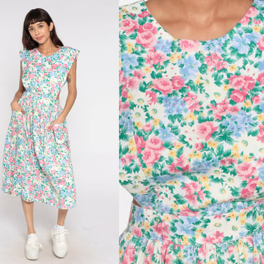 Floral Pinafore Dress 80s Jumper Dress Flower Print Midi Dress Low Armhole Apron Style Dress Sleeveless 1980s Overall Dress Vintage Medium M 