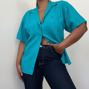 90s Teal Button Up | Vintage Blouse Button Up | 90s Oversized Button Up | Medium 