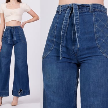 70s Lattice Pocket Flared Jeans - Small, 26.5