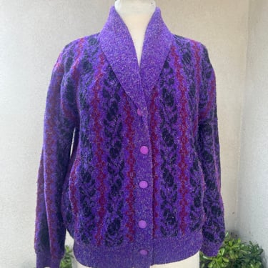 Vintage 70s cardigan sweater purples red acrylic pockets Sz S/M by Cetro 