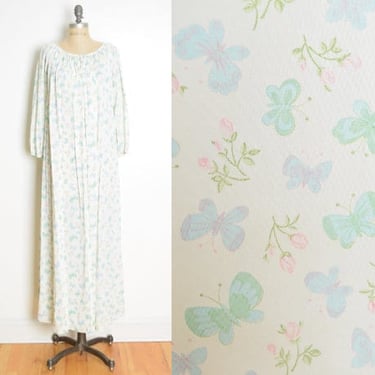 vintage 70s nightgown lingerie dress white butterfly print nylon long maxi L XL clothing 