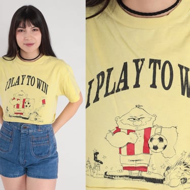 I Play To Win Shirt 90s Crop Top Funny Soccer Graphic Tee Cropped T-Shirt Retro Joke Sports Referee Card Yellow Vintage 1990s Medium Large 