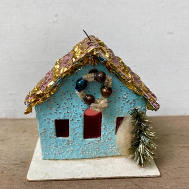 Vintage Blue Putz House Ornaments, Christmas Ornament, Gold Tinsel Mesh Roof, Mercury Bead Wreath, MCM Christmas 