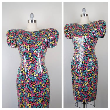 Vintage 1980s sequined dress, puff sleeves, colorful, op art, party, cocktail 