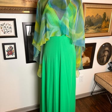 Vintage 1970s Nancy Davis Maxi Dress Chiffon Capelet 