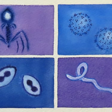 Blue and Purple Viruses - original watercolor painting - science art 