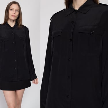 Large 90s DKNY Black Silk Epaulette Blouse | Vintage Long Sleeve Collared Button Up Shirt 