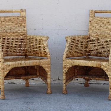 2 Authentic McGuire Woven Weaved Wicker Rattan Bamboo Dining Arm Chairs Coastal 