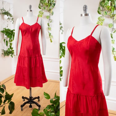 Vintage 1950s Dress Slip | 50s Red Rayon Spaghetti Strap Sweetheart Neckline Tiered Full Skirt Midi Lingerie Underdress (small) 