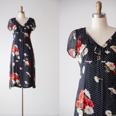 cottagecore dress | 90s y2k vintage black chiffon red white daisy poppy floral short sleeve ruffled midi dress 