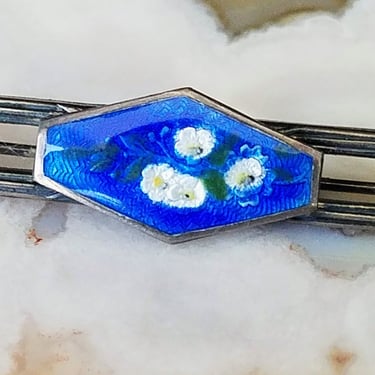 Antique Sterling & Enamel Bar Pin~Old C Clasp Victorian Brooch~Blue Enamel on Sterling Silver 925~Floral Design~Gift for Her~JewelsandMetals 