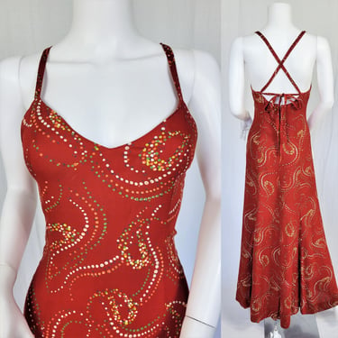1970's Red Polka Dot Confetti Print Spaghetti Strap Maxi Dress I Sz Sm I Plain Jane -San Francisco 
