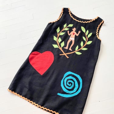 Moschino Cheap and Chic Black Linen Appliqué Minidress with Ric-Rac Trim and Heart Pocket 