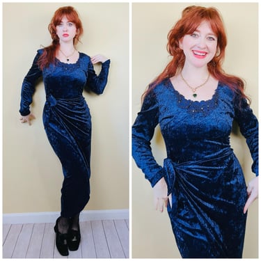 1990s Vintage Deep Blue Crushed Velvet Wiggle Dress / 90s Grunge Western Floral Lace Sarong Knit Dress / Size Large  - XL 