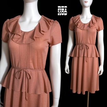 Gorgeous Vintage 70s Pink-Brown Ruffle Dress with Peplum 