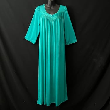 vintage teal floral nightgown 1980s embroidered nylon gown 1X 
