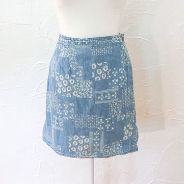 90s Skort in Cotton Blue Chambray Floral Patchwork Print | Medium/Large/32