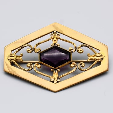1910's George L Paine matte gold plate amethyst glass brooch, big Art Nouveau GLP geometric pin 