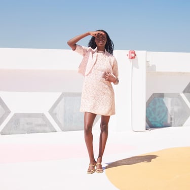 50s 60s Pastel Pink Eyelet Mini Dress with Jacket Vintage Bow Dainty Two Piece Set 