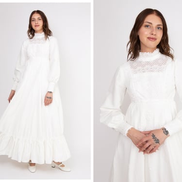 Vintage 1960s 60s Ivory White Full Length Folk Hippy Boho Wedding Gown Dress w/ High Neckline, Appliqué Florals, Bishop Sleeves, Ruffle Hem 