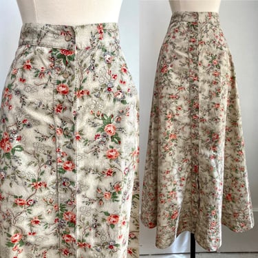 80s 90s Vintage Prairie Peasant Skirt / Pearl Snap Buttons  + Pretty Calico Print + Pintuck Detail / RALPH LAUREN / Made in Hong Kong 