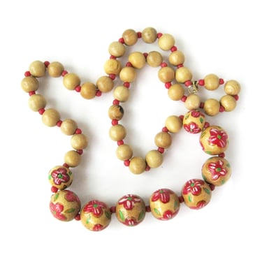 Vintage Wood Necklace with Carved and Painted Beads, Red Flowers, Novelty Jewelry, Single Strand Necklace, Costume Jewelry, Gift for Her 
