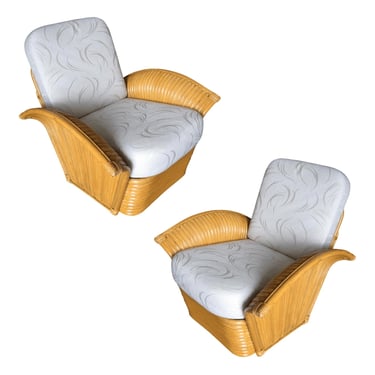 Restored Art Deco Rattan Fan Arm Lounge Chair Pair 
