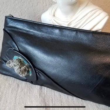 Black vegan leather clutch with pyrite cluster and sculptured art designed by Amanda Alarcon-Hunter for Minx and Onyx Vintage 