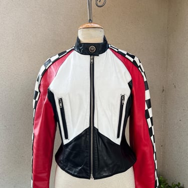 Vintage leather jacket checkers racing theme Sz S by Split End Ltd. 