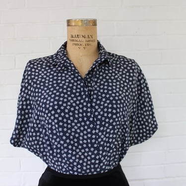 1980's Navy and White Flared Blouse 