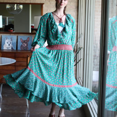 Vintage La Chine Dress, M Women, poly georgette, Diane Freis inspired, smocked elastic, packable 